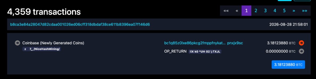 BTC block 964474 coinbase tagged NiceHashMining with a single reward recipient and no 1% fee output