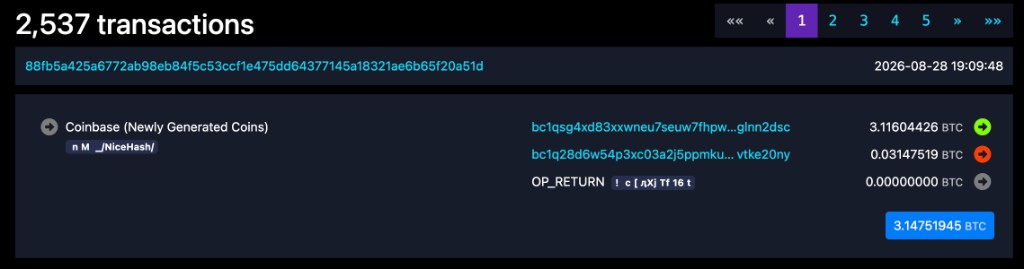 BTC block 964462 coinbase tagged NiceHash with miner reward plus separate 1% fee output